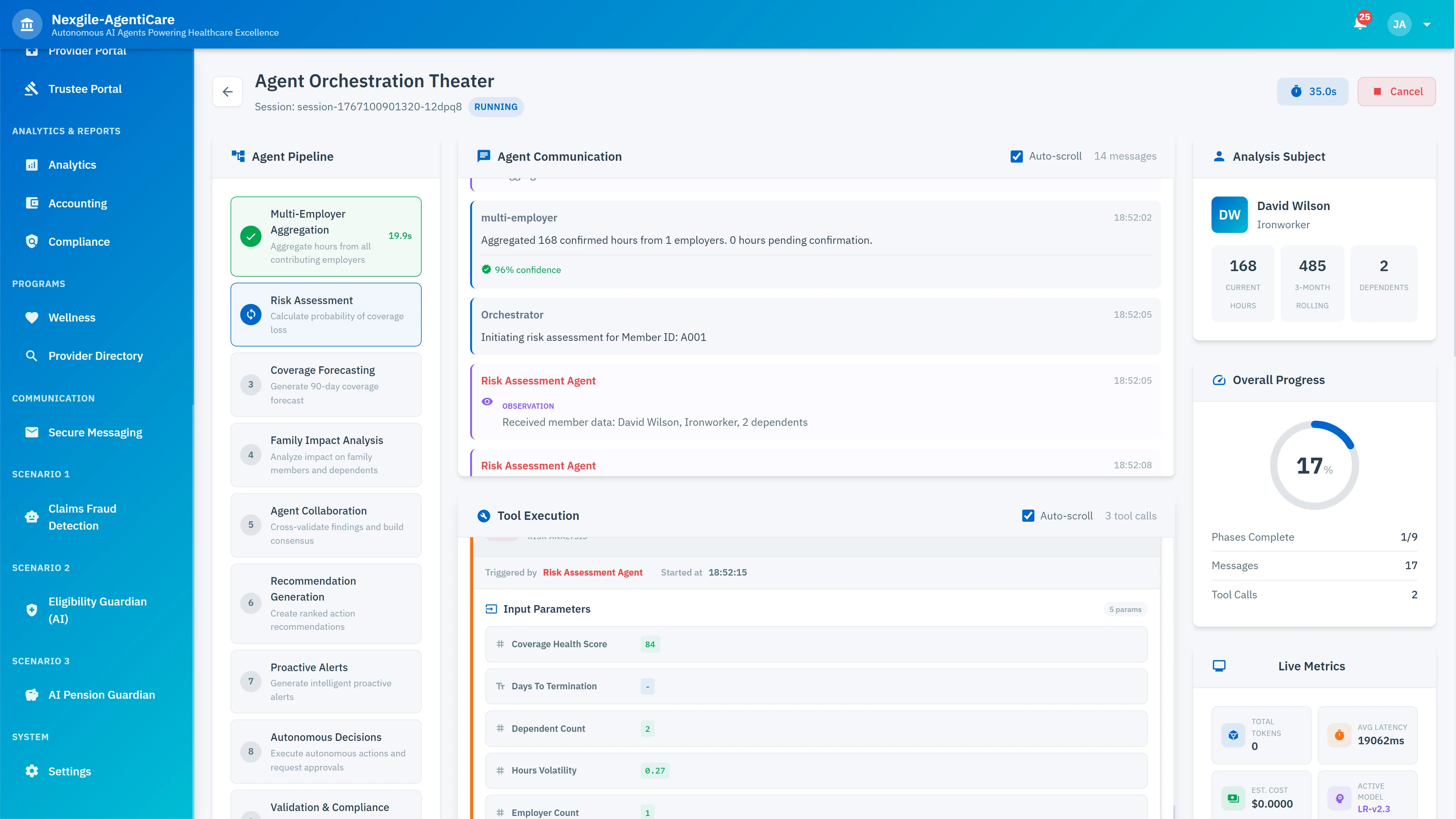Agent orchestration theater displaying real-time multi-agent workflow execution with inter-agent communication, tool invocations, and overall progress tracking